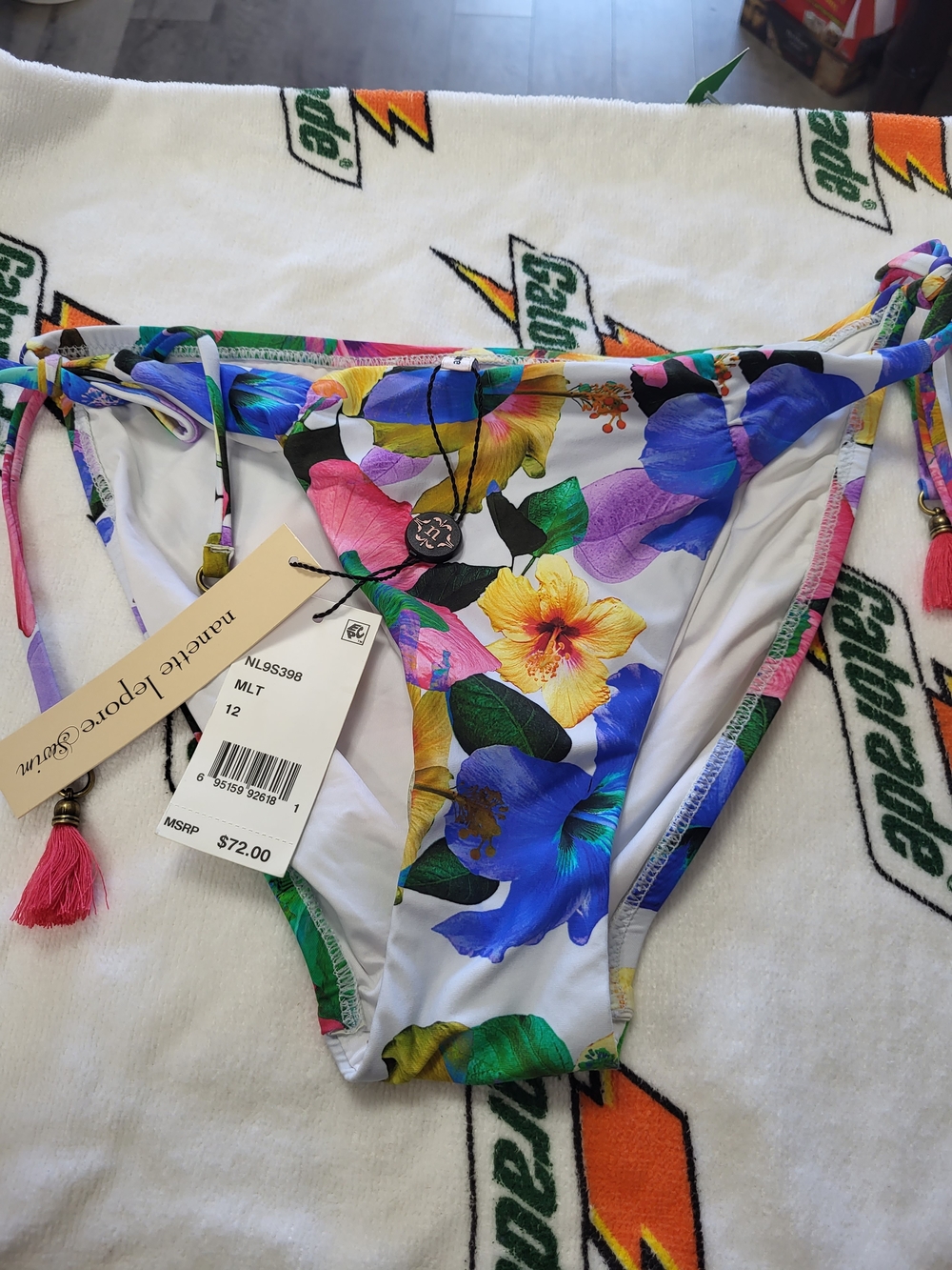 Nanette Lepore Multicolor Floral Tie-Side Bikini Bottom with Pink Tassel